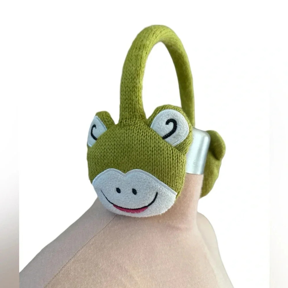 Frog Green Knit Earmuffs Cozy Winter Youth Cottagecore Kawaii Whimsical